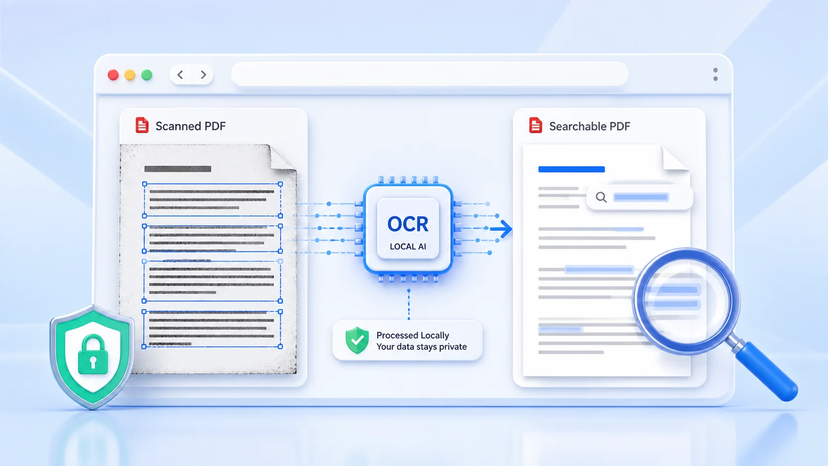 Browser OCR workflow converting a scanned PDF into a searchable PDF with local AI processing